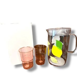 Kate Spade Lemon Pitcher Plus 2X Cups Set 58oz